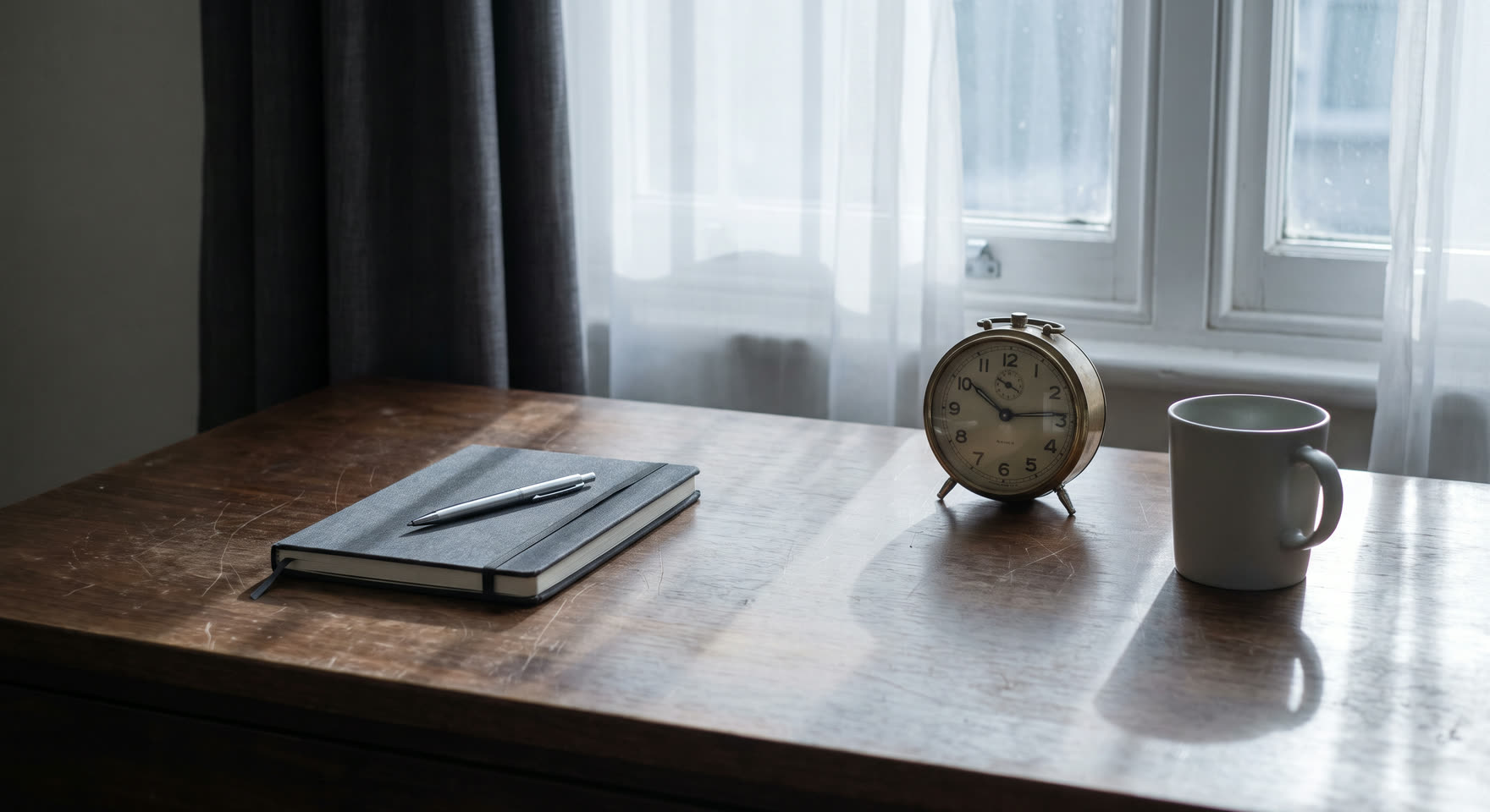 Рабочий стол в кабинете: блокнот, ручка и часы у окна